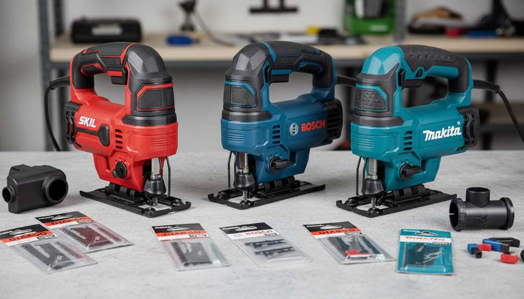 Group of top-rated corded jig saw models including Bosch, SKIL, and Makita displayed with blades and accessories