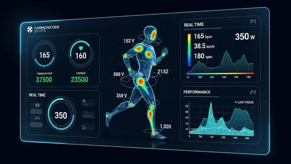 Digital dashboard displaying real-time athletic performance metrics and biomechanical analysis from Harmonicode sports platform