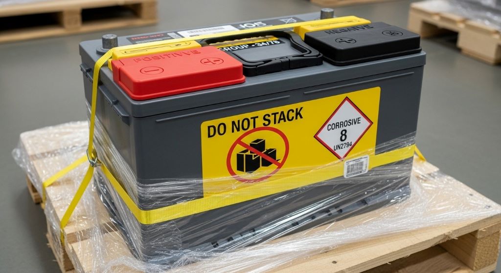 Lead-acid automotive battery with protected terminals prepared for safe DOT-compliant hazardous materials transportation