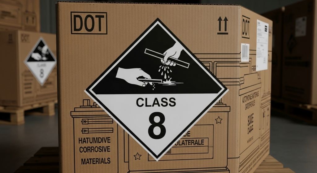 DOT Class 8 corrosive materials label displayed on automotive battery shipping container showing proper hazard identification