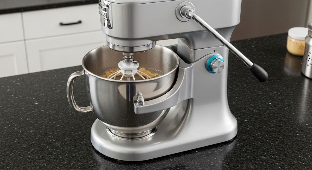 Bowl-lift stand mixer with raised mixing bowl demonstrating the lever mechanism and stable platform for heavy-duty baking tasks