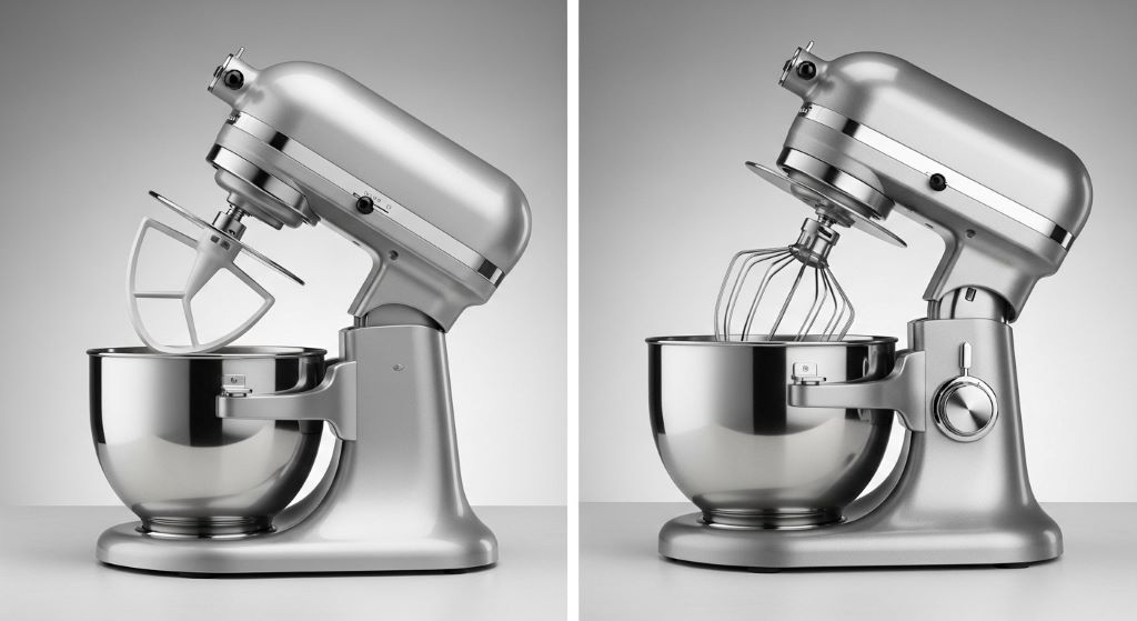 Side-by-side comparison of tilt-head and bowl-lift stand mixers showing their different mechanical designs and bowl positioning systems