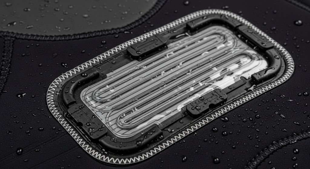 Close-up of waterproof heating element panel integrated into neoprene wetsuit showing sealed electrical connections