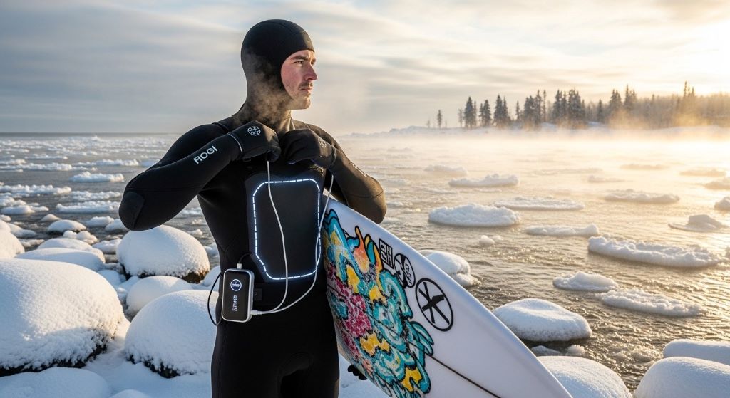 Surfer wearing heated wetsuit with visible battery pack connection preparing to enter freezing ocean water safely