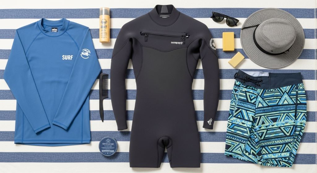 Flat lay of men's surf apparel kit including wetsuit, board shorts, and rash guard
