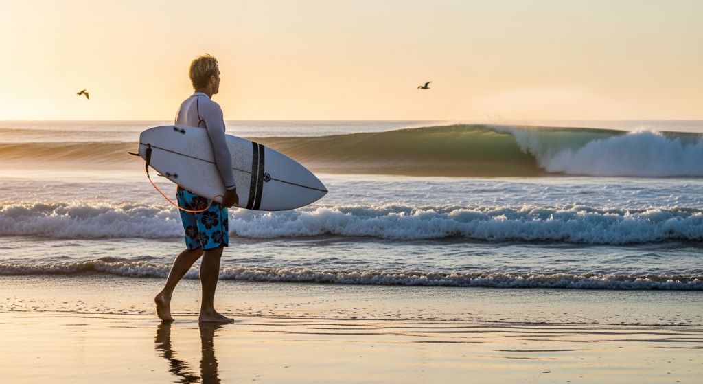 Man wearing board shorts and rash guard walking toward ocean waves with surfboard