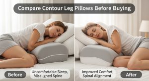 Contour leg pillow placed between knees for spinal alignment