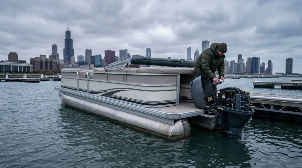 Chicago pontoon owner draining engine water before freezing winter temperatures