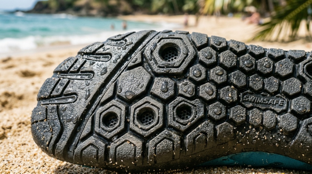 Close-up of non-slip rubber soles on water shoes showing deep tread patterns for maximum grip on wet surfaces.