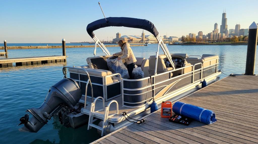 Family pontoon boat covered for winter storage near snowy Chicago marina