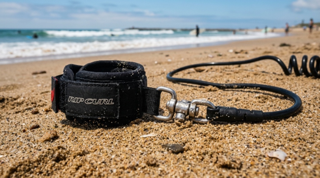 Close-up of a surfboard leash cuff and swivel system resting on a sandy beach