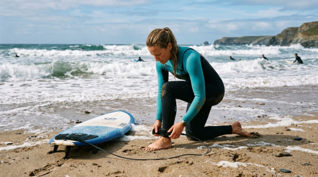 Surfer attaching a surfboard leash to their ankle before paddling out into medium-sized ocean waves