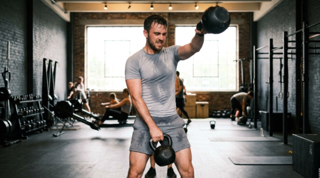 A man wearing a light grey moisture-wicking gym shirt during a high-intensity workout in a modern fitness studio
