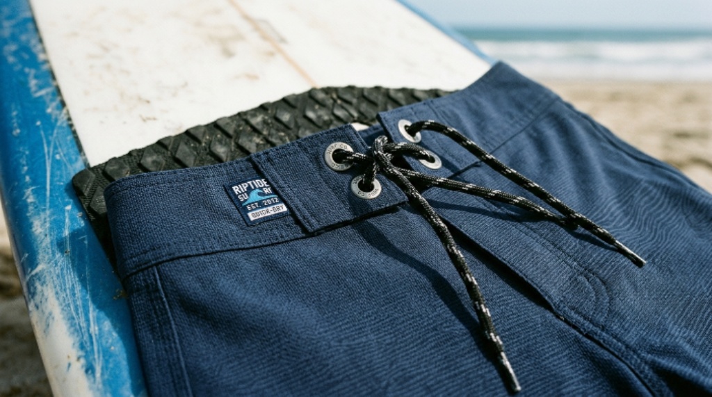 Close-up of quick-dry surf boardshorts laid flat on a surfboard showing fabric texture and waistband detail