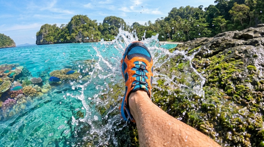 Person wearing protective water shoes stepping onto slippery rocks in a tropical tide pool.