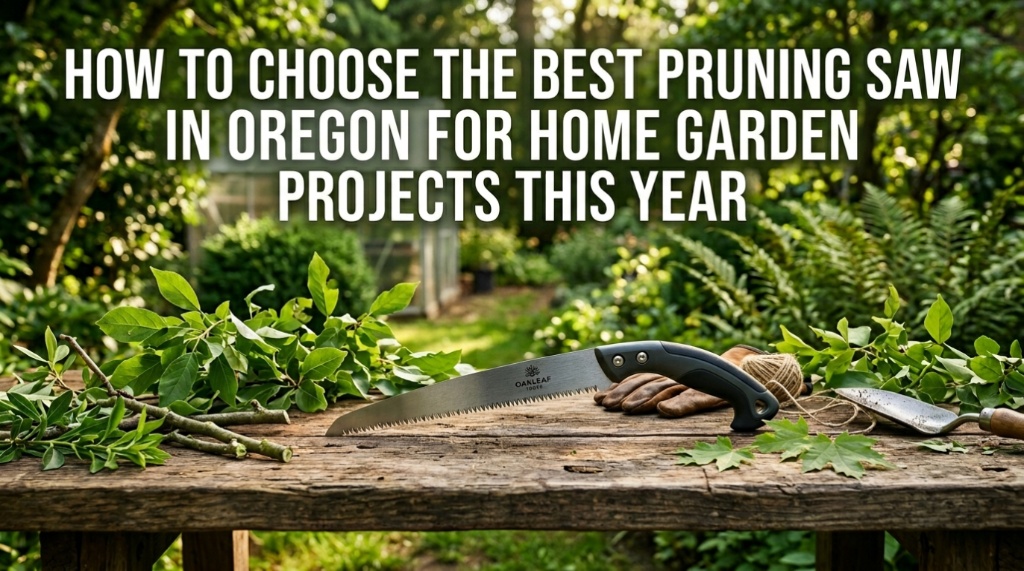 A hand pruning saw on a wooden workbench with title text overlay.