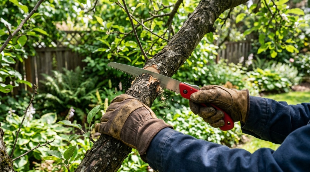 Hands using a folding pruning saw to cut a tree branch in a garden.