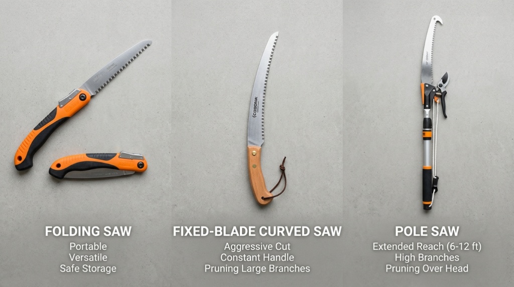 Three different types of garden pruning saws arranged on a gray background.
