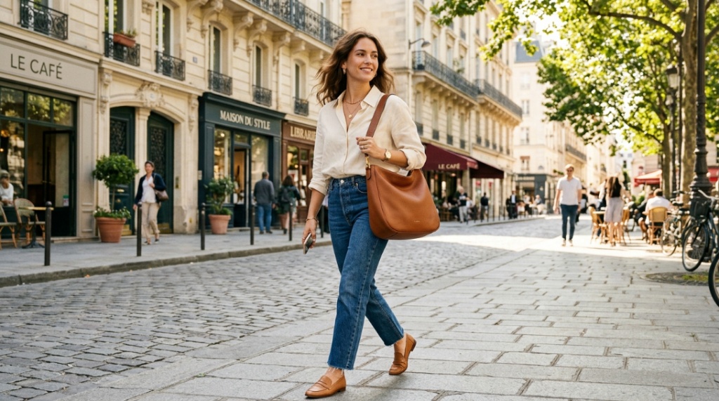 Woman wearing a brown leather hobo shoulder bag while walking in the city.