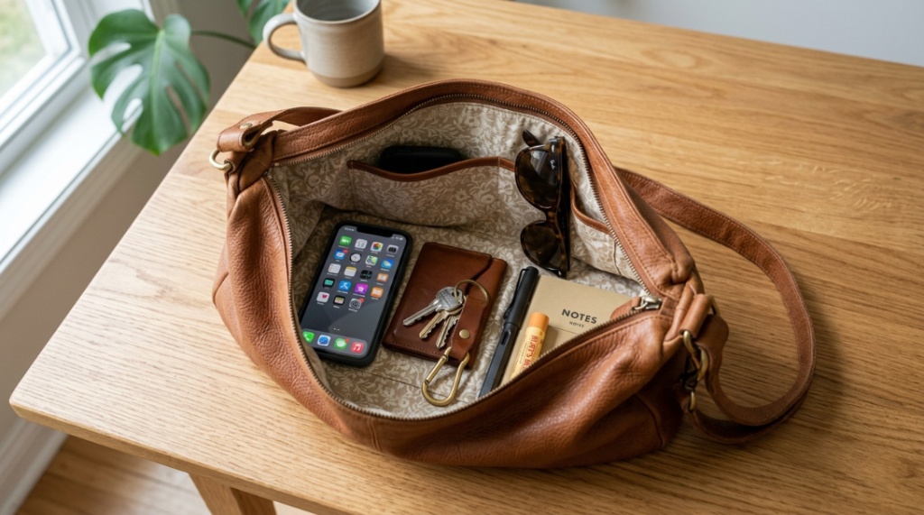 Open hobo purse on a table showing organized daily essentials inside.
