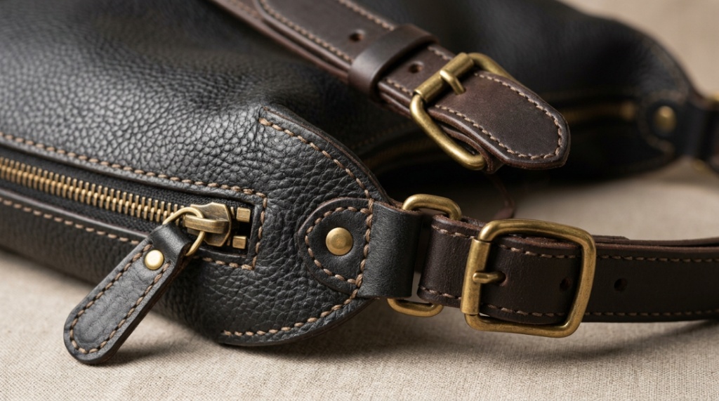 Close-up of durable stitching and silver hardware on a leather hobo bag.