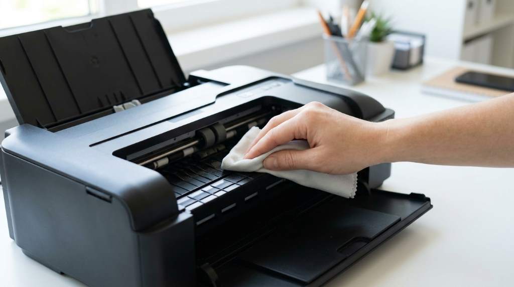 Organised home office with maintained printer