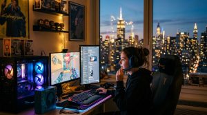 Gamer wearing an affordable gaming headset in a New York apartment.