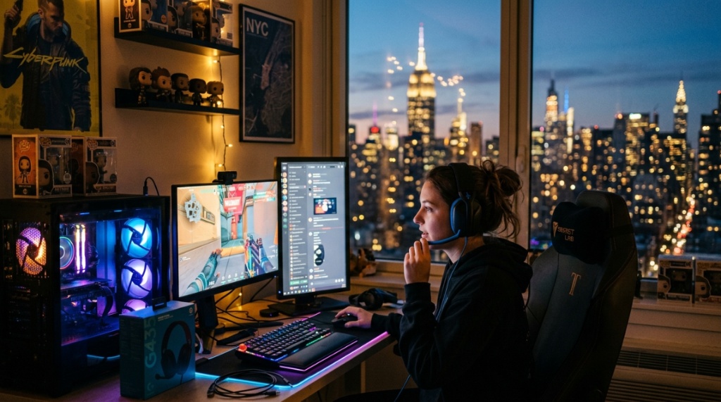 Gamer wearing an affordable gaming headset in a New York apartment.
