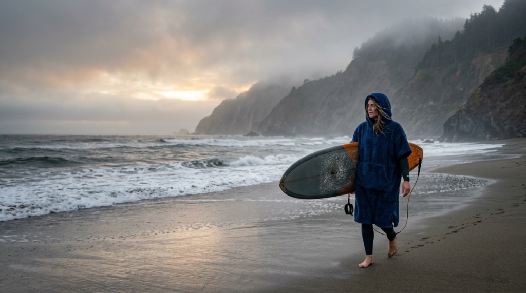 A surfer in a navy hooded poncho walks along a foggy beach carrying a surfboard.