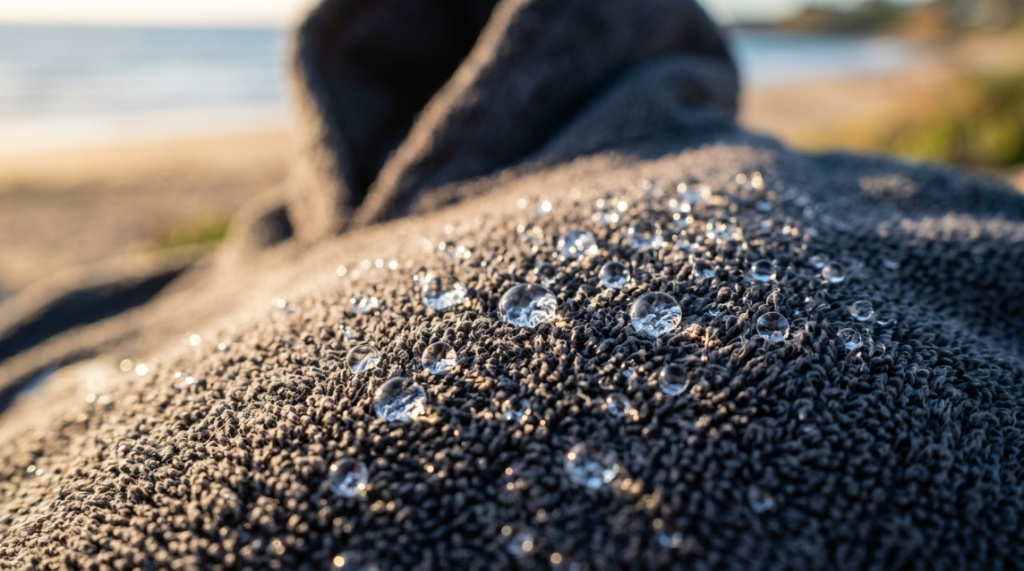 Water droplets bead on the thick microfiber fabric of a hooded surf changing poncho.