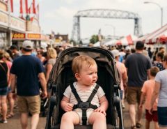 Baby relaxing in a shaded stroller at a Duluth fair