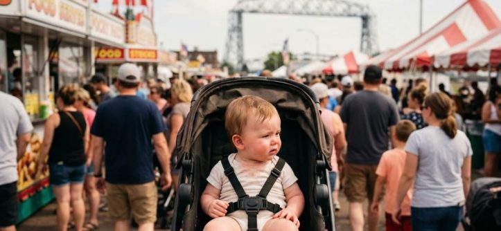 Baby relaxing in a shaded stroller at a Duluth fair