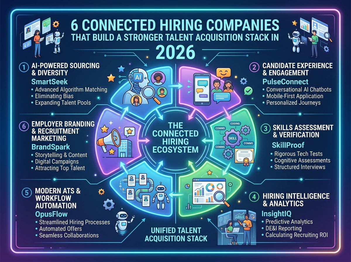 Explore 6 connected hiring companies to build a stronger talent acquisition stack in 2026. Streamline sourcing, screening, and candidate tracking seamlessly.