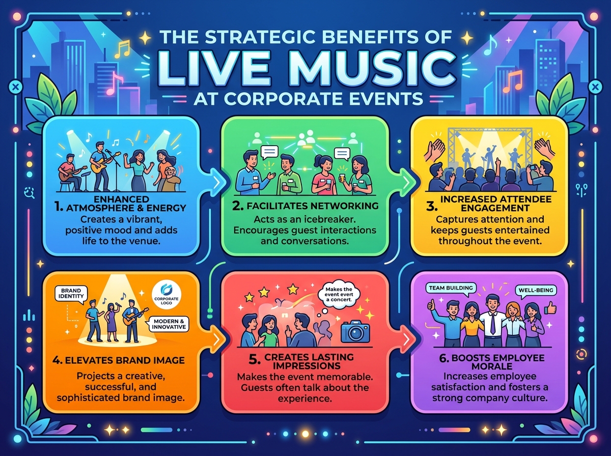 Unlock the strategic power of live music at corporate events to boost attendee engagement, foster networking, and create an unforgettable brand experience.