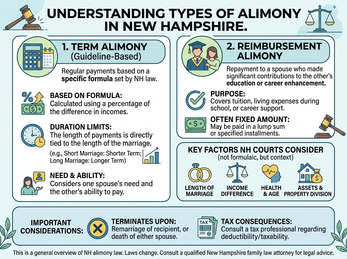 Learn about the types of alimony under NH law, including term, rehabilitative, and reimbursement support. Find out how courts determine eligibility and amounts.