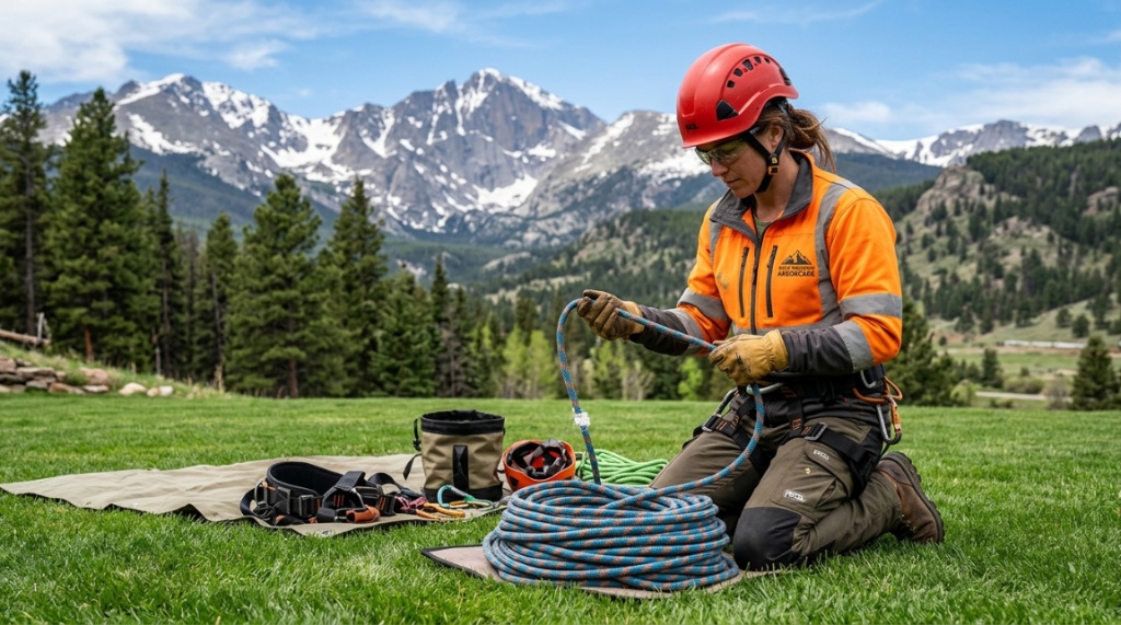 Arborist inspecting a climbing rope in front of a Colorado mountain.