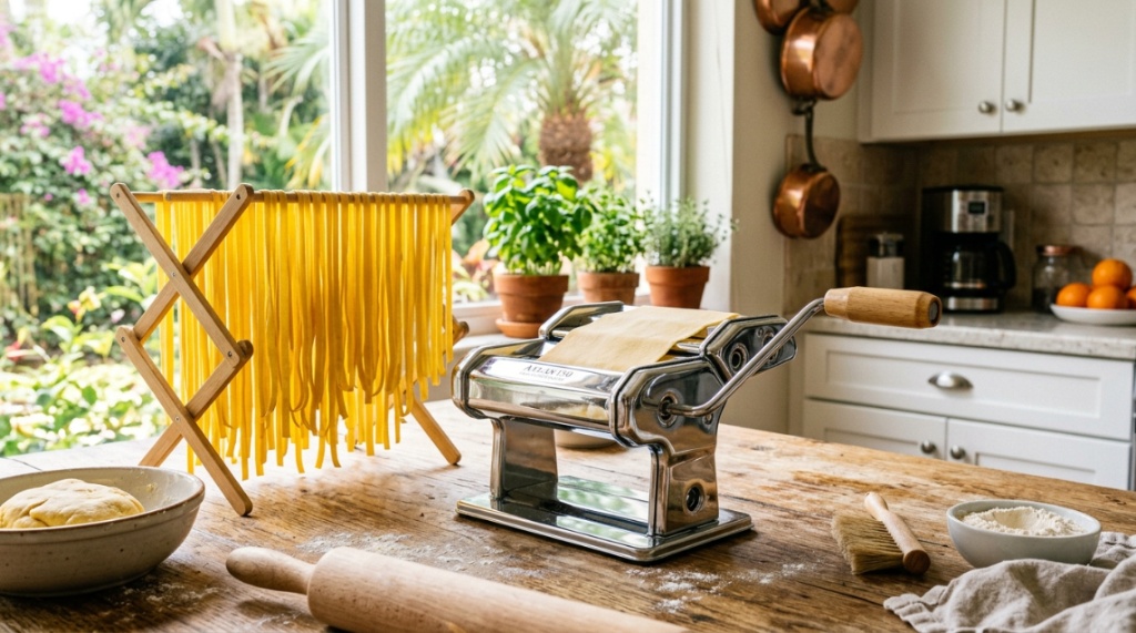 Chrome Marcato pasta machine with fresh noodles on a Florida kitchen counter.