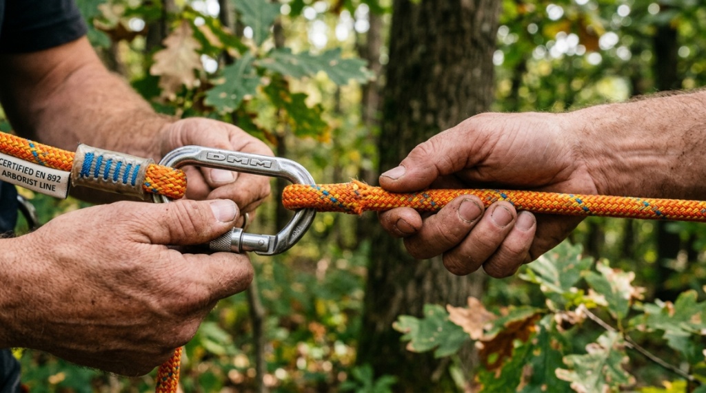 Close-up of hands inspecting tree climbing rope and metal carabiners.