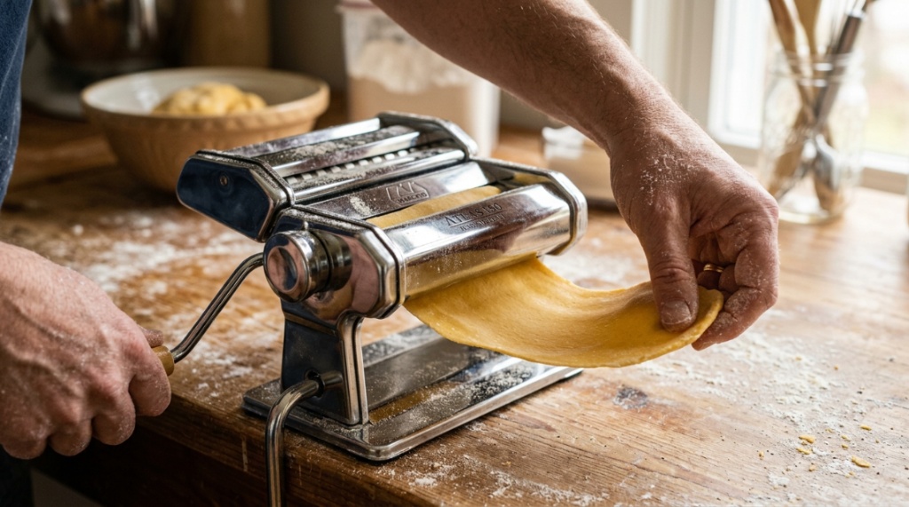 Hands feeding fresh dough through Marcato pasta machine rollers.