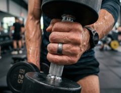 Matte black smart fitness ring on a wooden desk next to a smartphone.