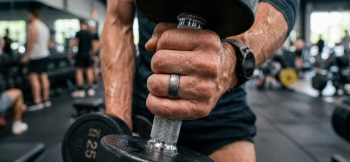 Matte black smart fitness ring on a wooden desk next to a smartphone.