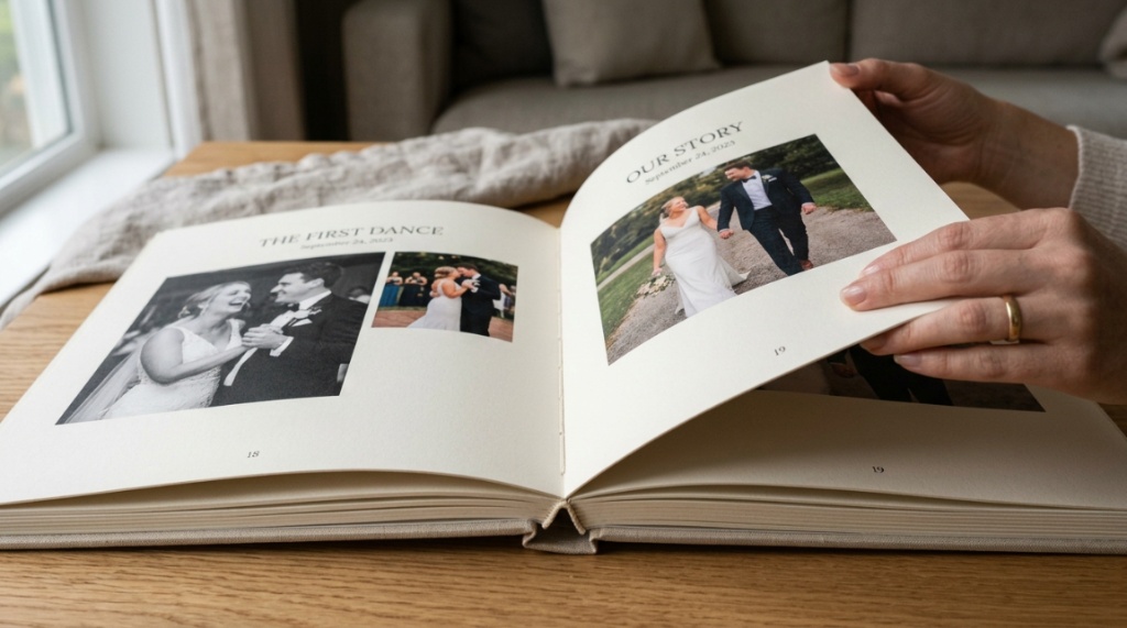 Hands turning thick matte pages of a premium wedding photo album.