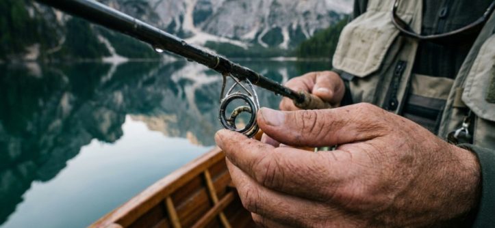 Angler inspecting guides on a fishing rod by a calm lake.