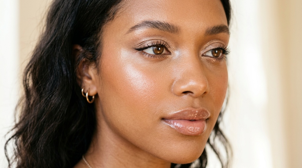 Close-up beauty shot of glowing skin and modern metallic eyeshadow.