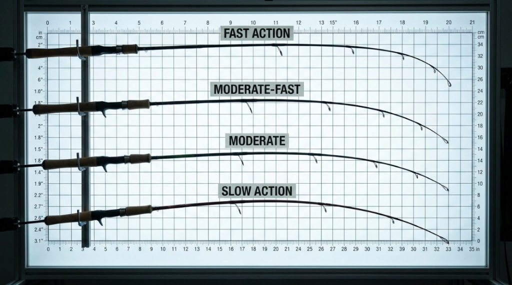 Different fishing rod flexibility curves shown on a background.